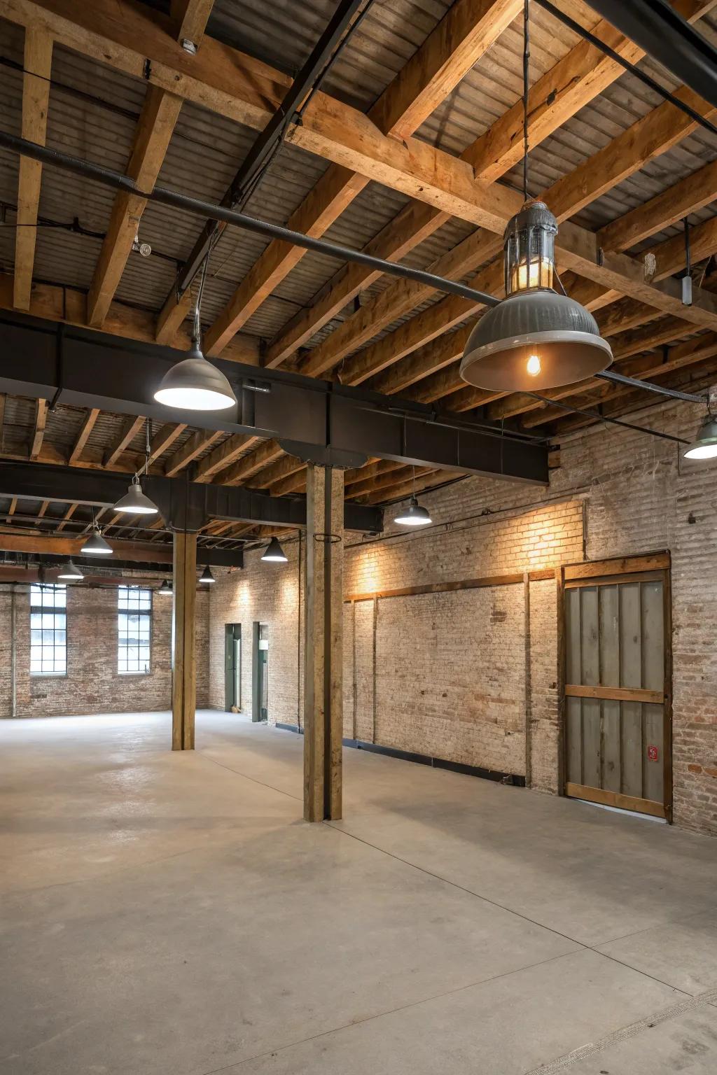 Industrial appeal with metal fixtures and wooden beams.