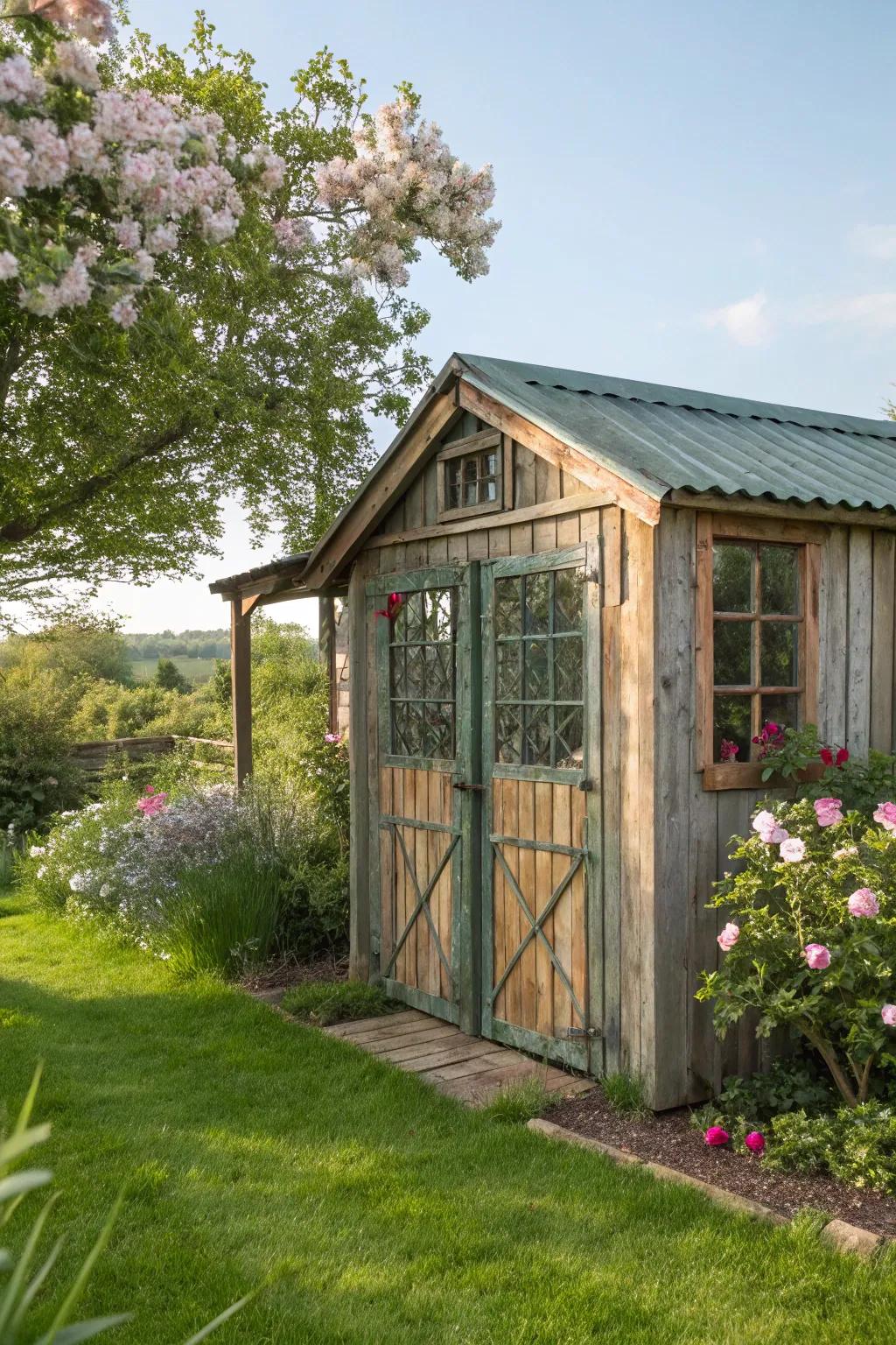 Rustic elements contribute timeless charm to your shed.