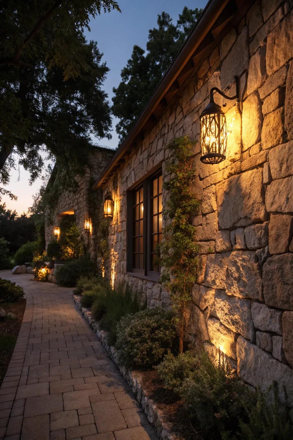 Lighting enhances the beauty and ambiance of stone facades at night.