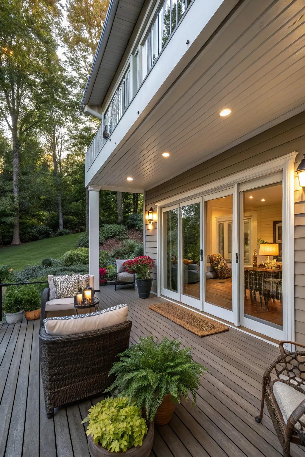 A cozy sheltered veranda linked to a walkout basement.