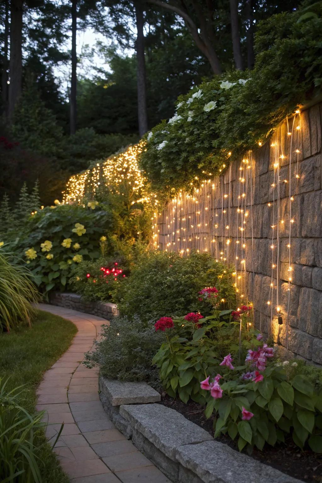 Ornamental lights transform garden walls into enchanting backdrops.