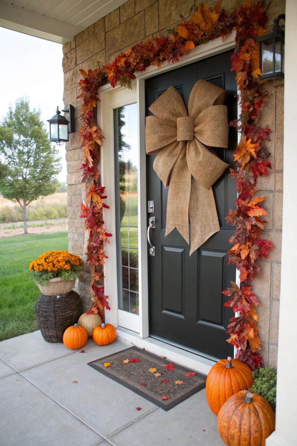 Rough fabric ribbons bring a country accent to a door decorated for fall.