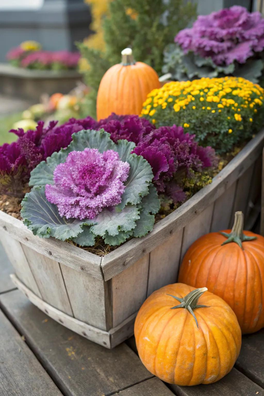 Decorative kale and gourds infuse color and texture into any container.