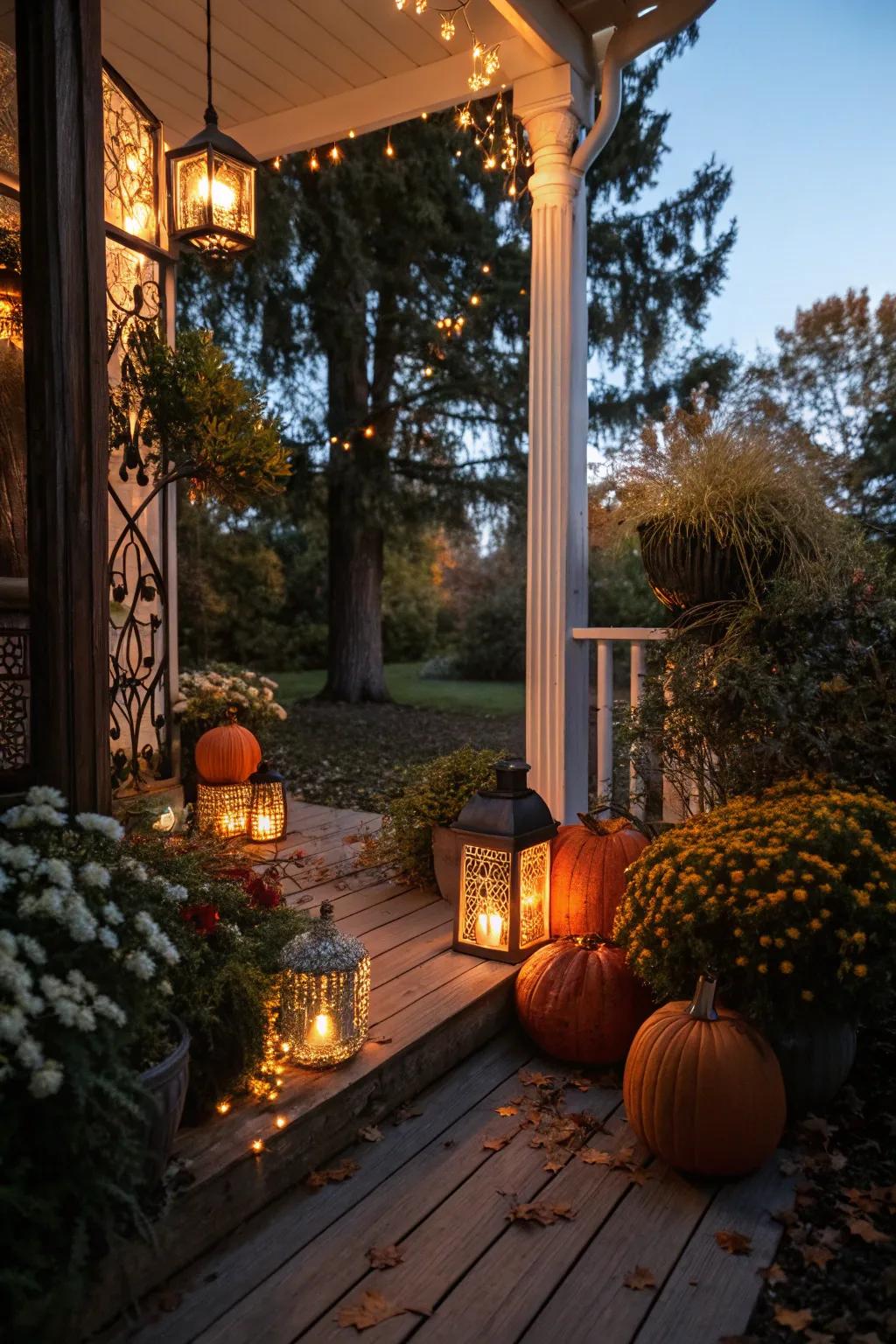 Lamps and lights transform the porch into a magical evening retreat.