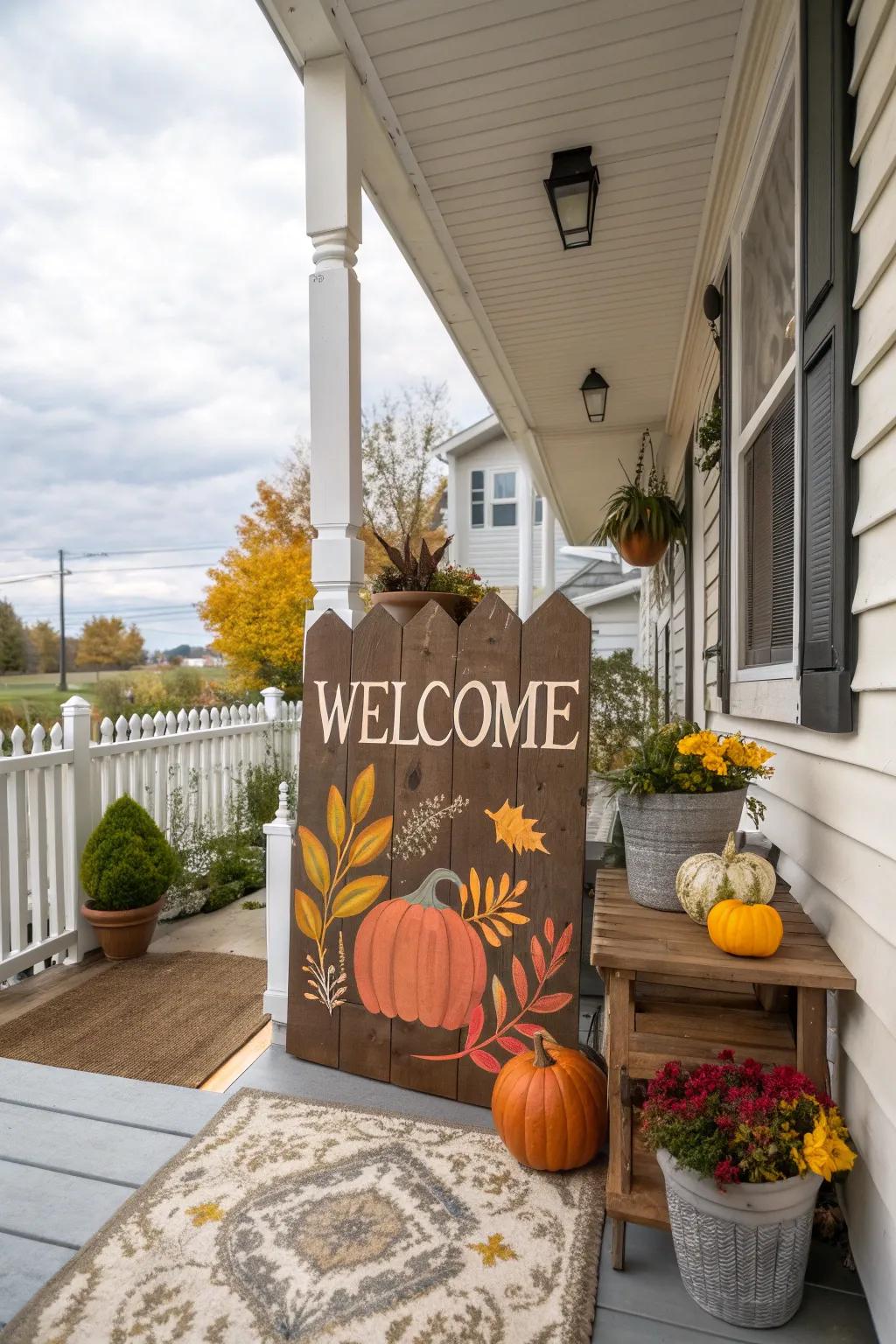 A customized welcome plaque adds a hint of autumn flair to your porch.