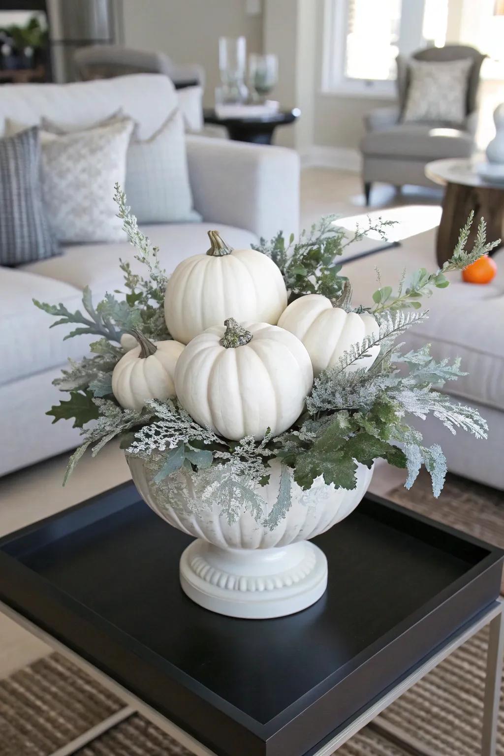 Refined ivory gourds in a minimalist seasonal planter.