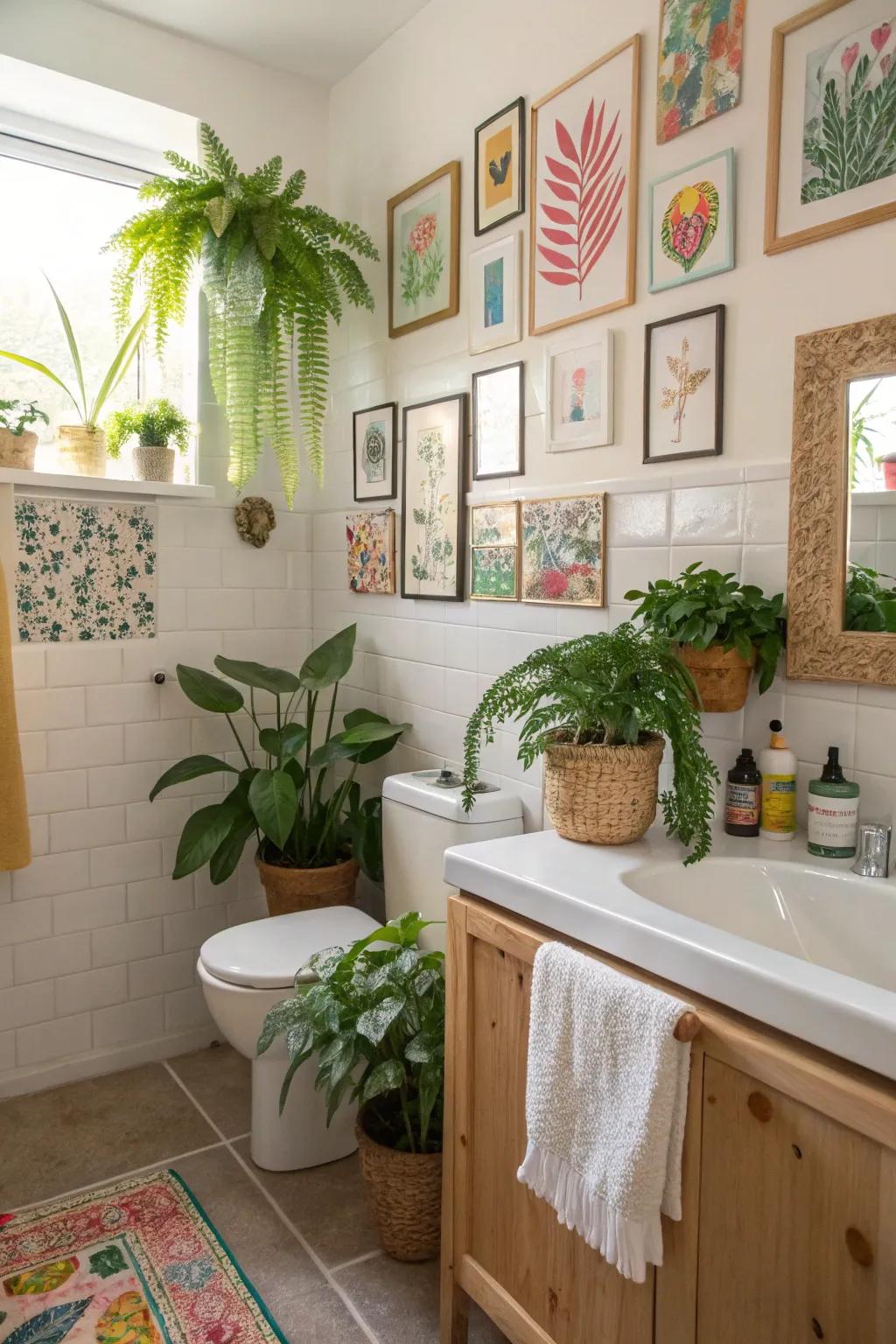 The bathroom comes to life with a dash of foliage and artwork.