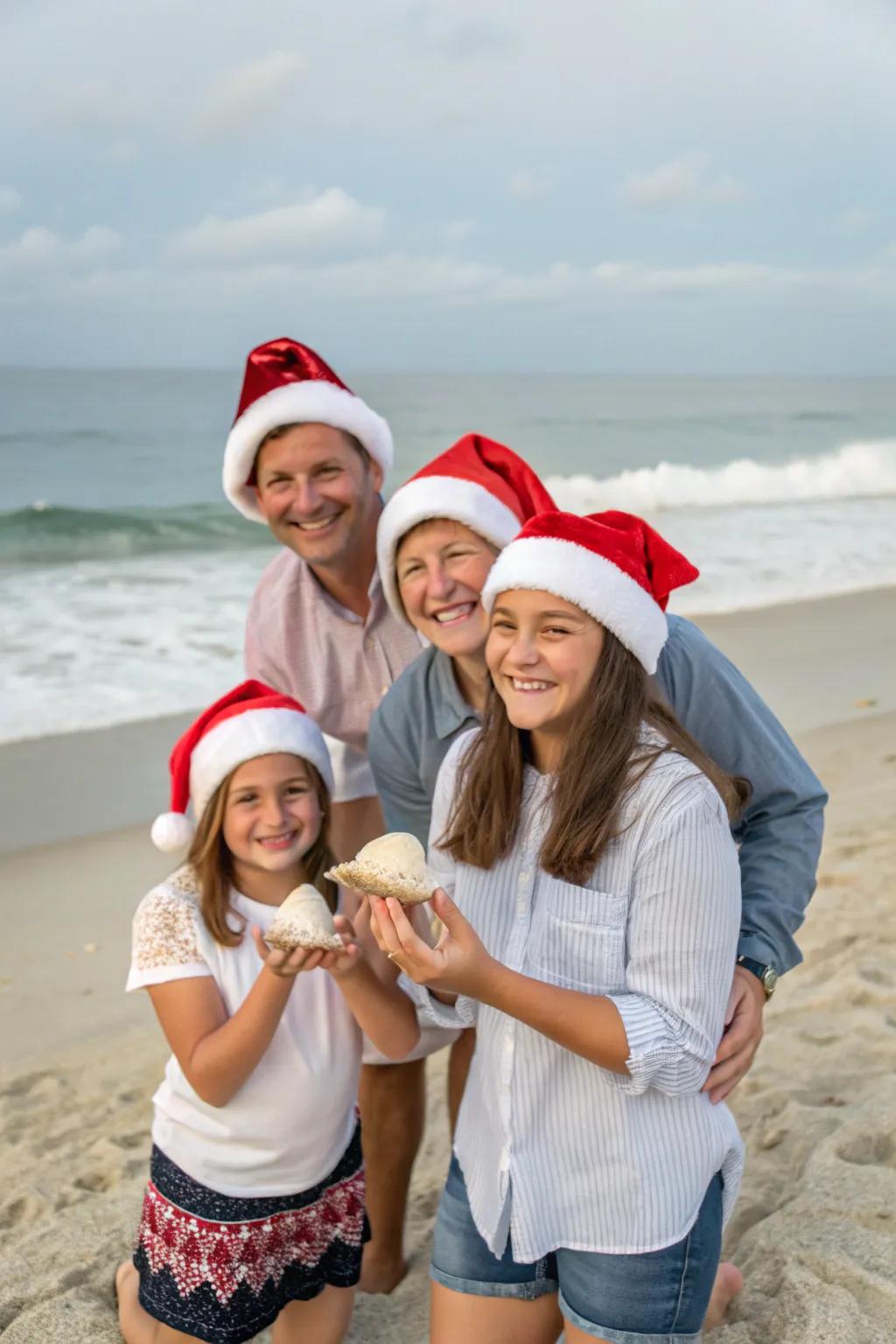 Infuse a tropical vibe into your Christmas photo with a serene beach backdrop.