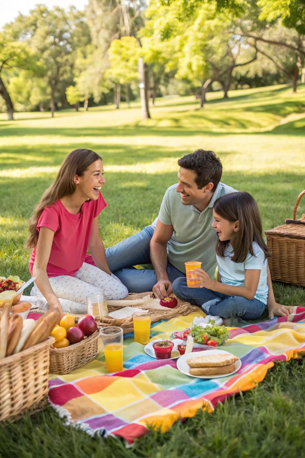 A picnic in the park is ideal for laid-back and cheerful family photos.