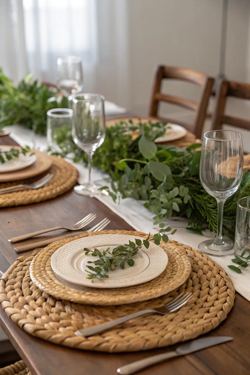 Organic touches like woven mats create a warm, welcoming vibe.