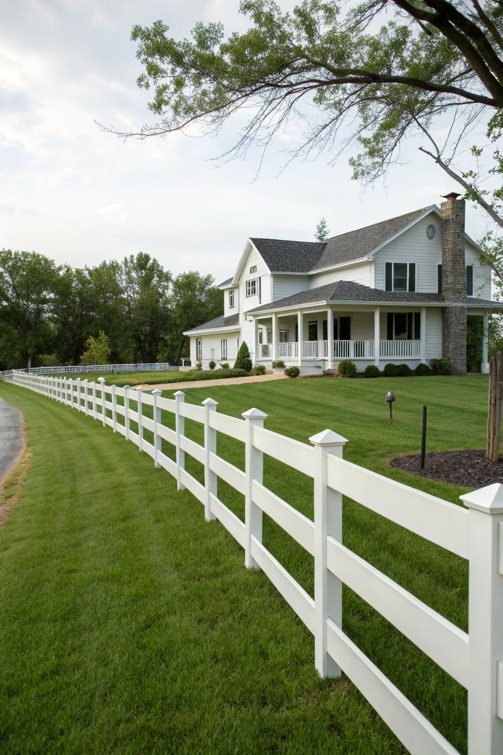 Polymer ranch rail fences blend style with minimal upkeep.