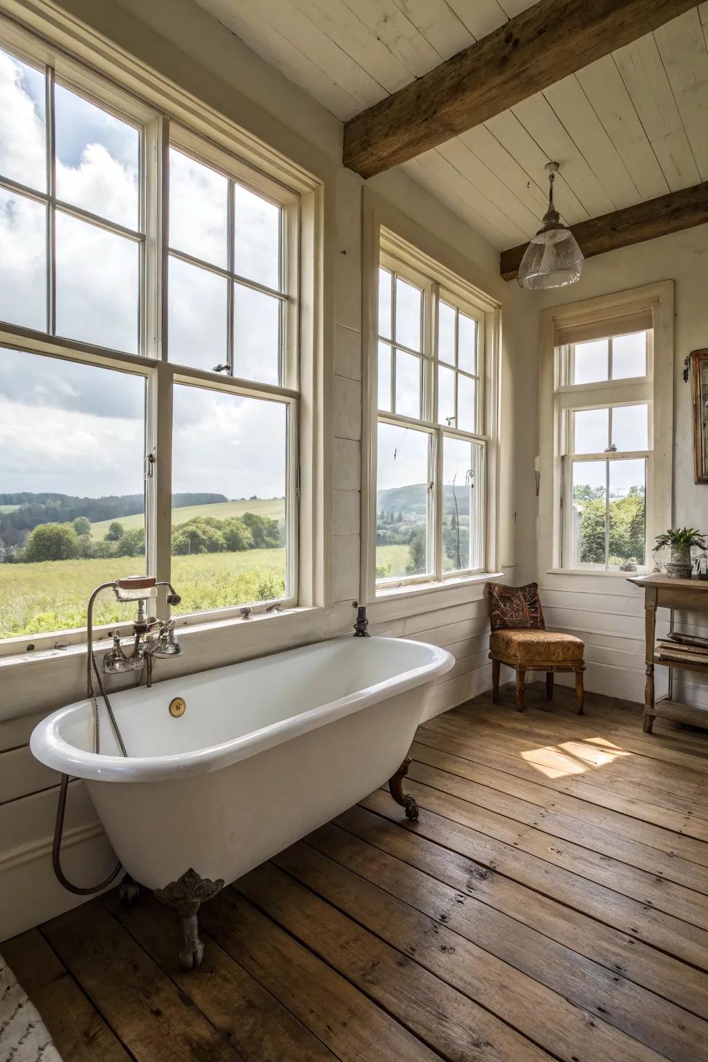 A country bathroom's cozy and welcoming ambiance is enhanced by natural lighting.