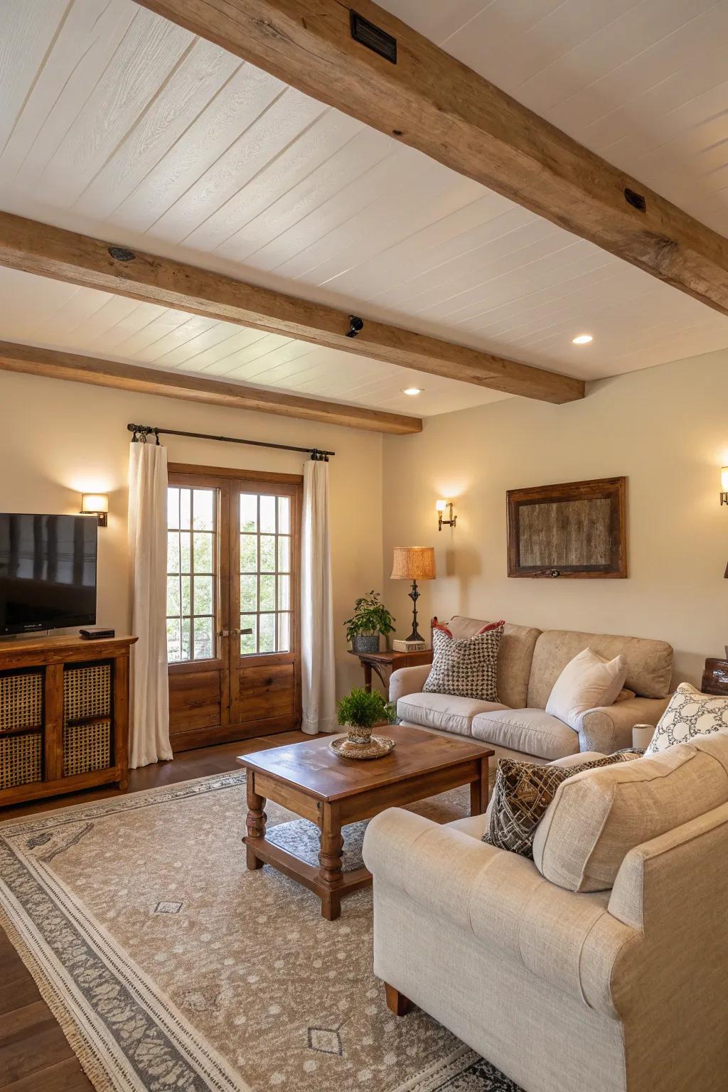 Muted color schemes create a serene atmosphere in this farmhouse living room.