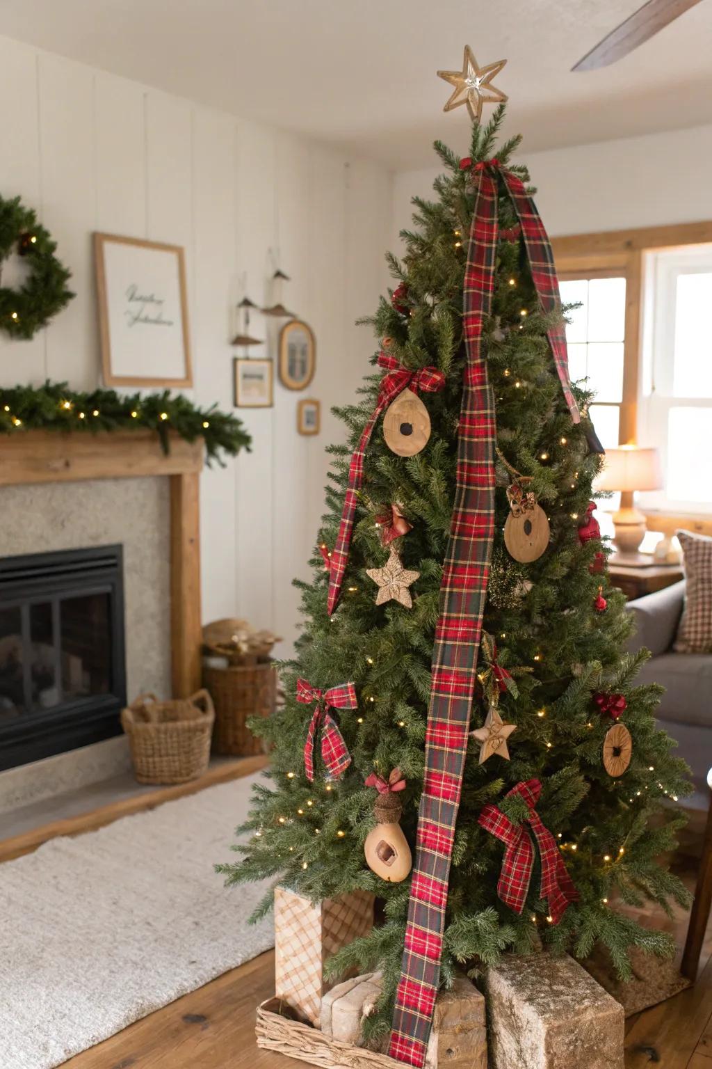 Patterned designs introduce a classic simple touch to this farmhouse Christmas tree.