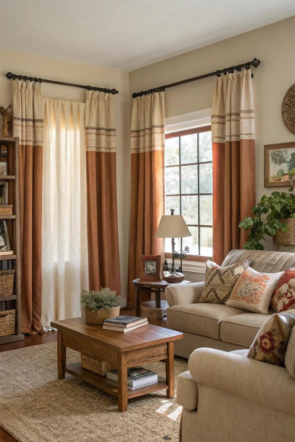 Practical farmhouse window coverings providing privacy and style in a comfortable living room.