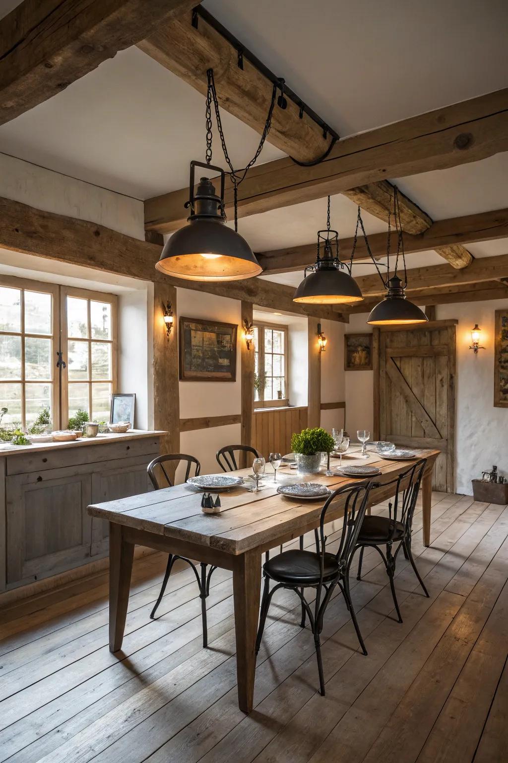 Rustic hanging lights illuminate and define this farmhouse dining room.