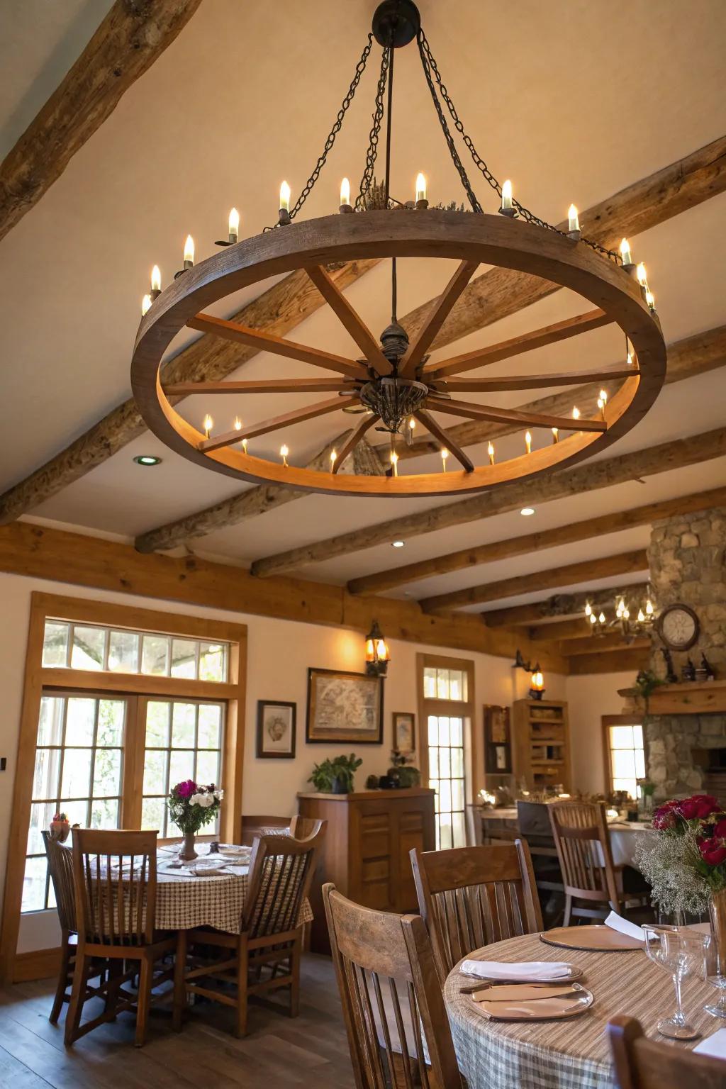 A wheeled chandelier introduces a country centerpiece to the space.