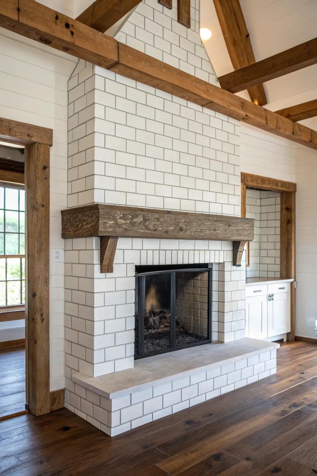 Traditional ivory metro tiles on a farmhouse fireplace.