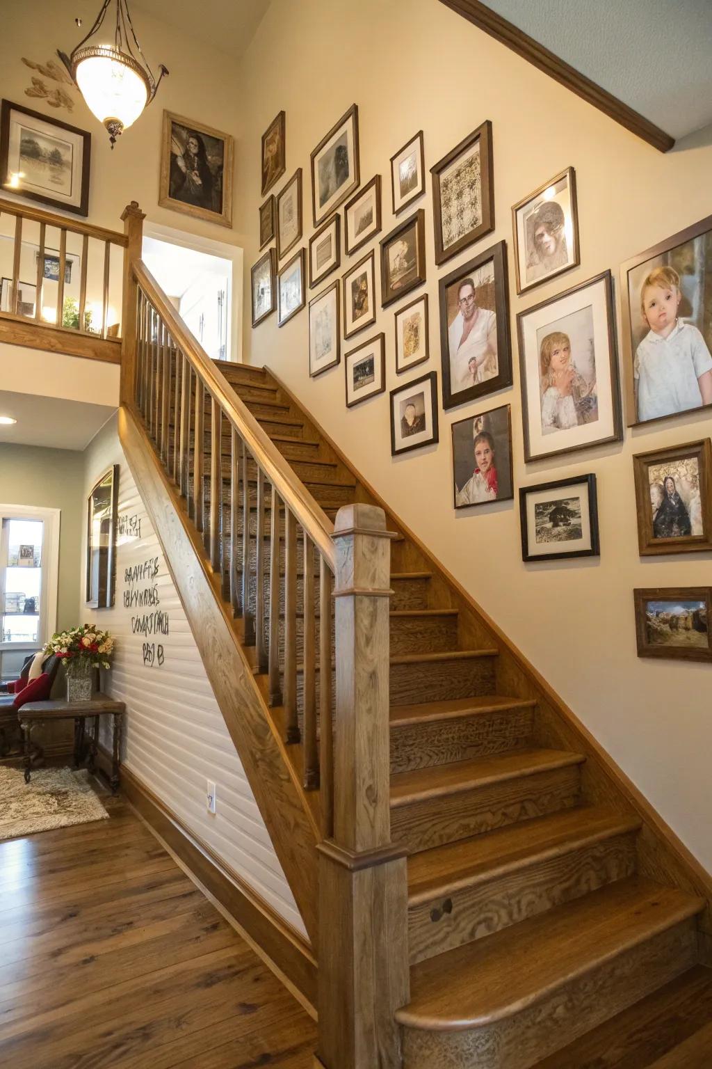 A gallery wall adds a personal touch to your farmhouse staircase.