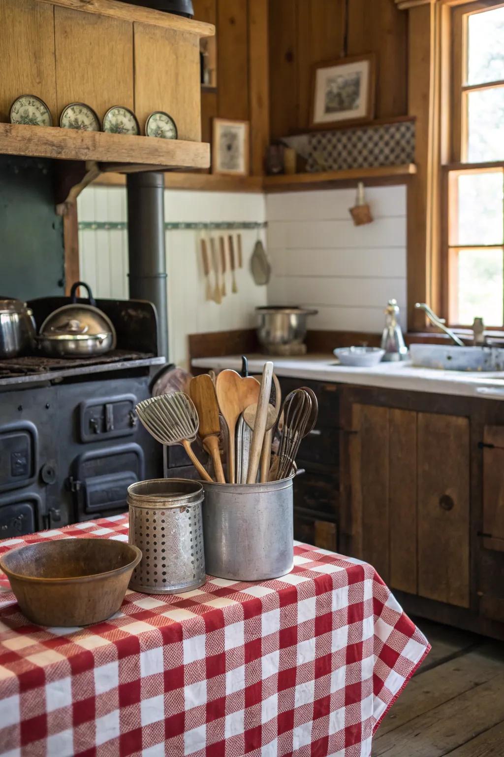 Classic utensils adding a historical touch to a farmhouse cooking area.