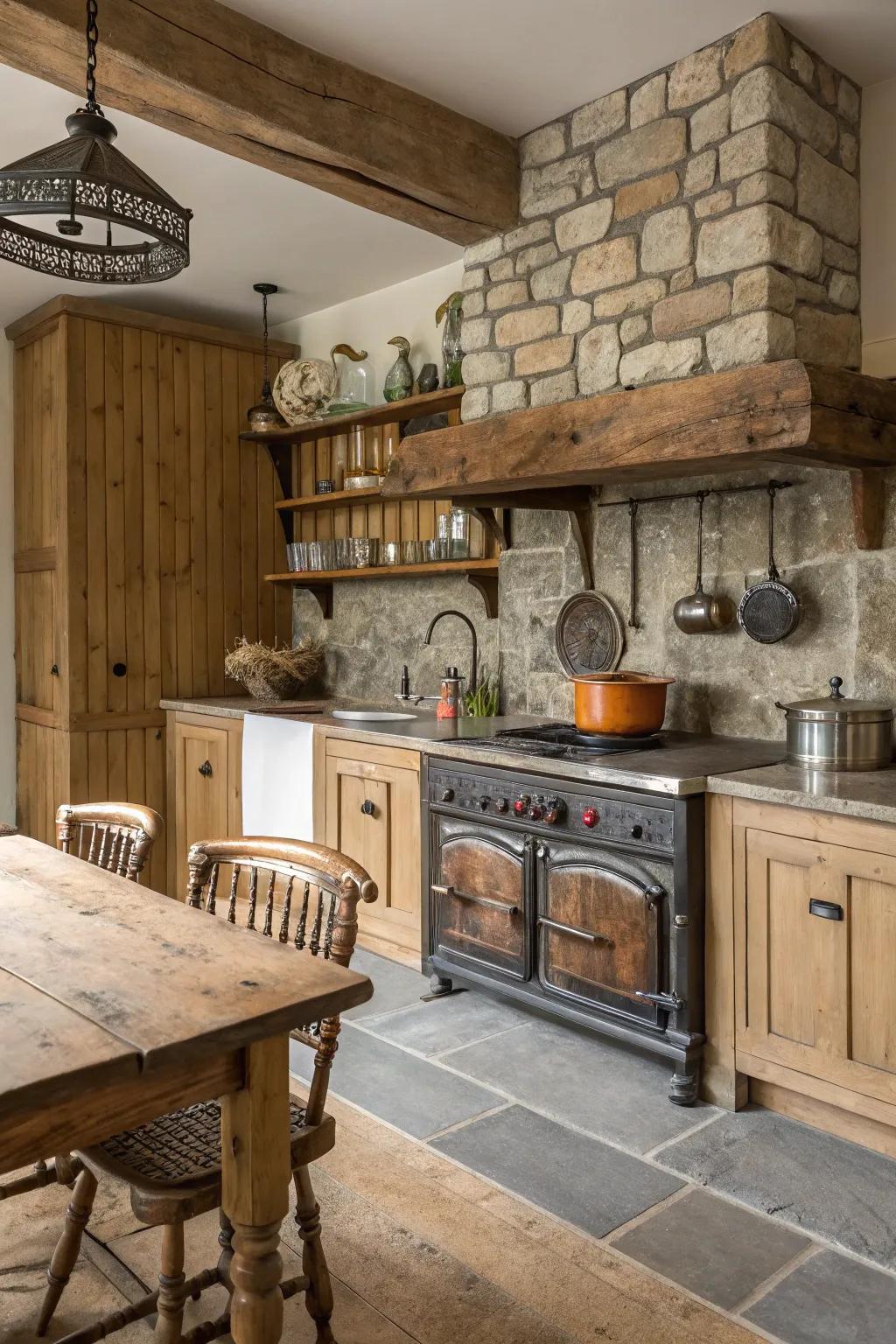 A farmhouse kitchen showcasing a mix of wood, stone, and metal elements.