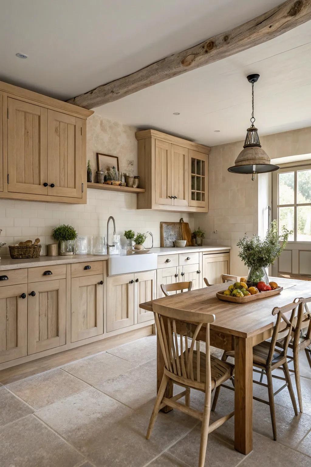 Neutral colors enhance the warmth of pale timber cabinetry in a country-style cooking space.