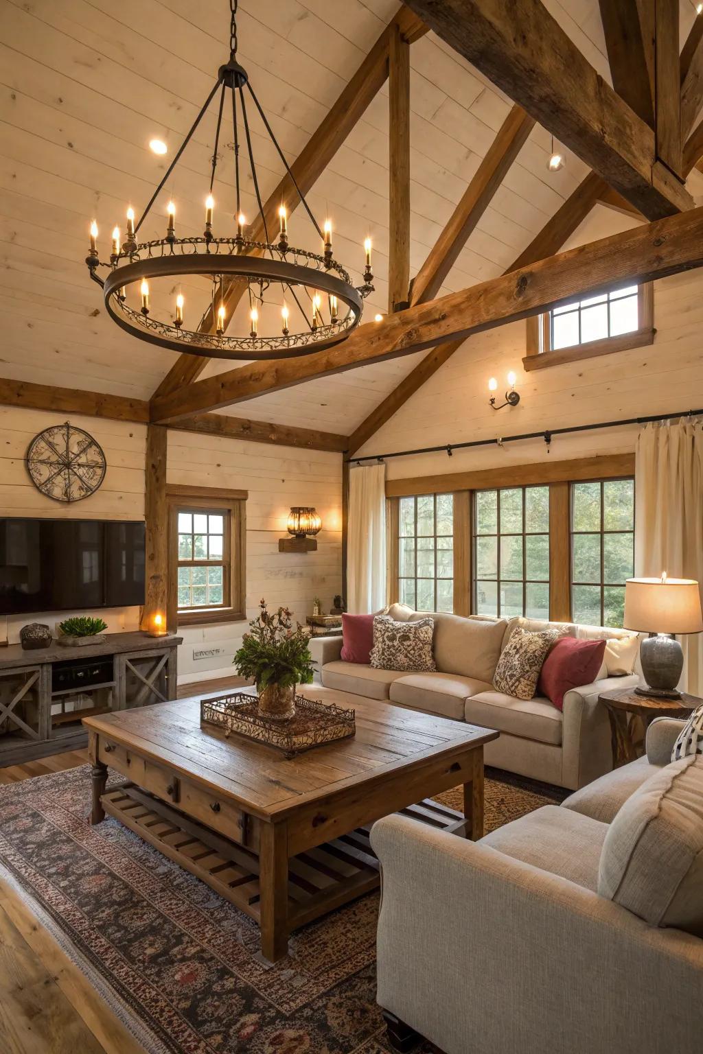 A farmhouse light fixture contributes elegance and cohesion to this living space.