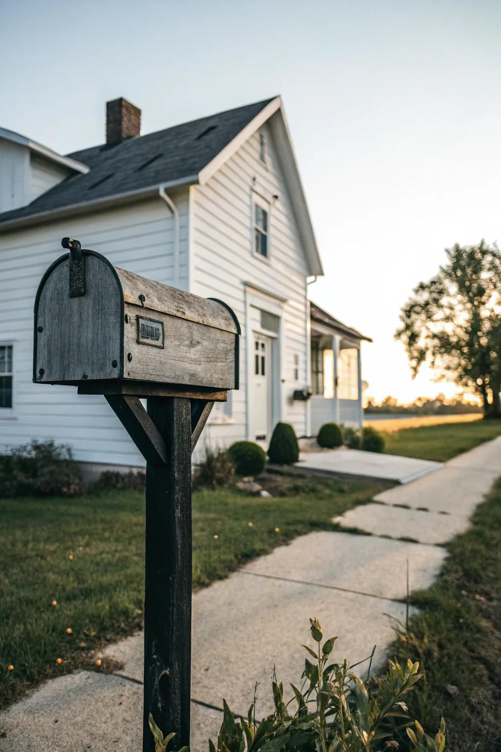 Bold charcoal against snow-white makes this farmhouse mailbox stand out beautifully.