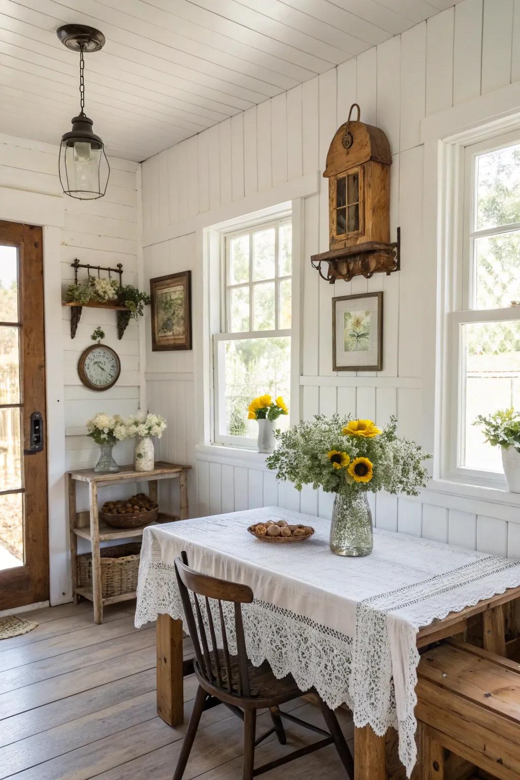 Timeless white walls maximize light and space in this farmhouse room.
