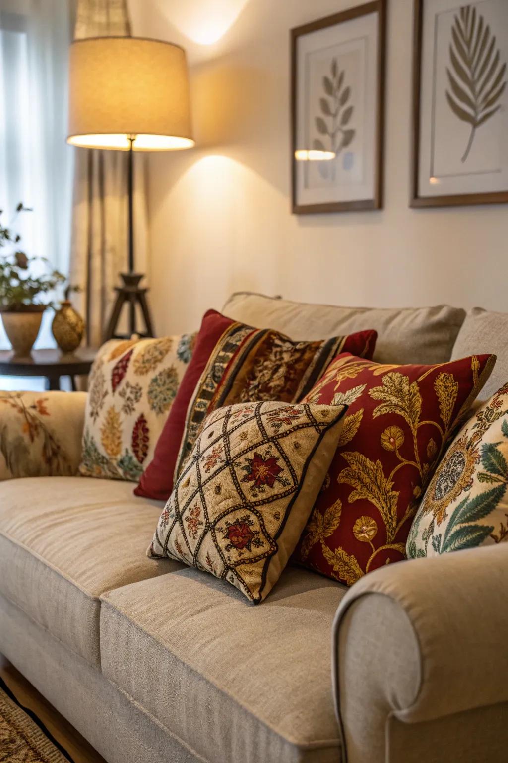 A welcoming sofa adorned with an array of decorative cushions.