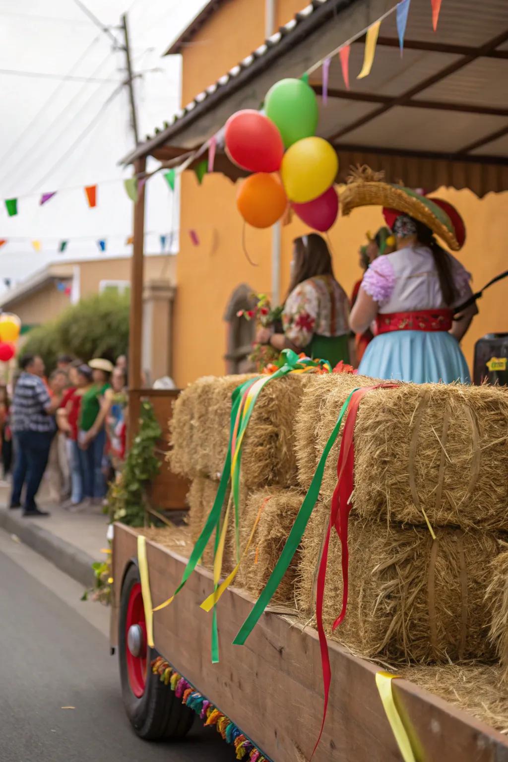 Hay bales adding a rustic touch to the float.