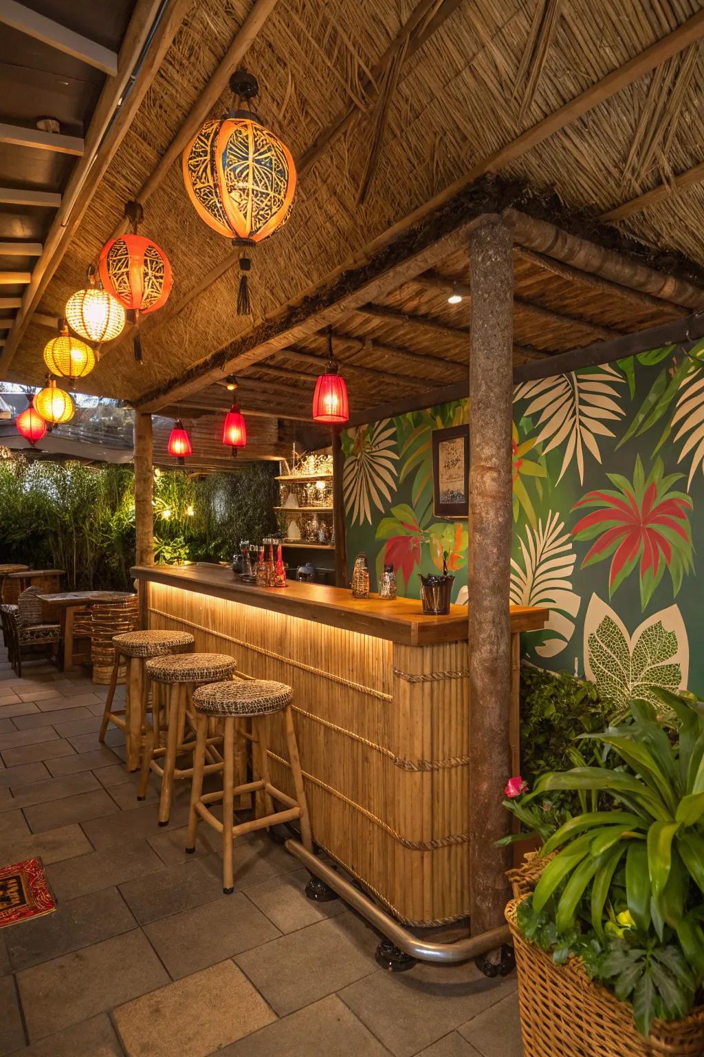 Get away to a tropical haven using a tiki paradise inside your basement.