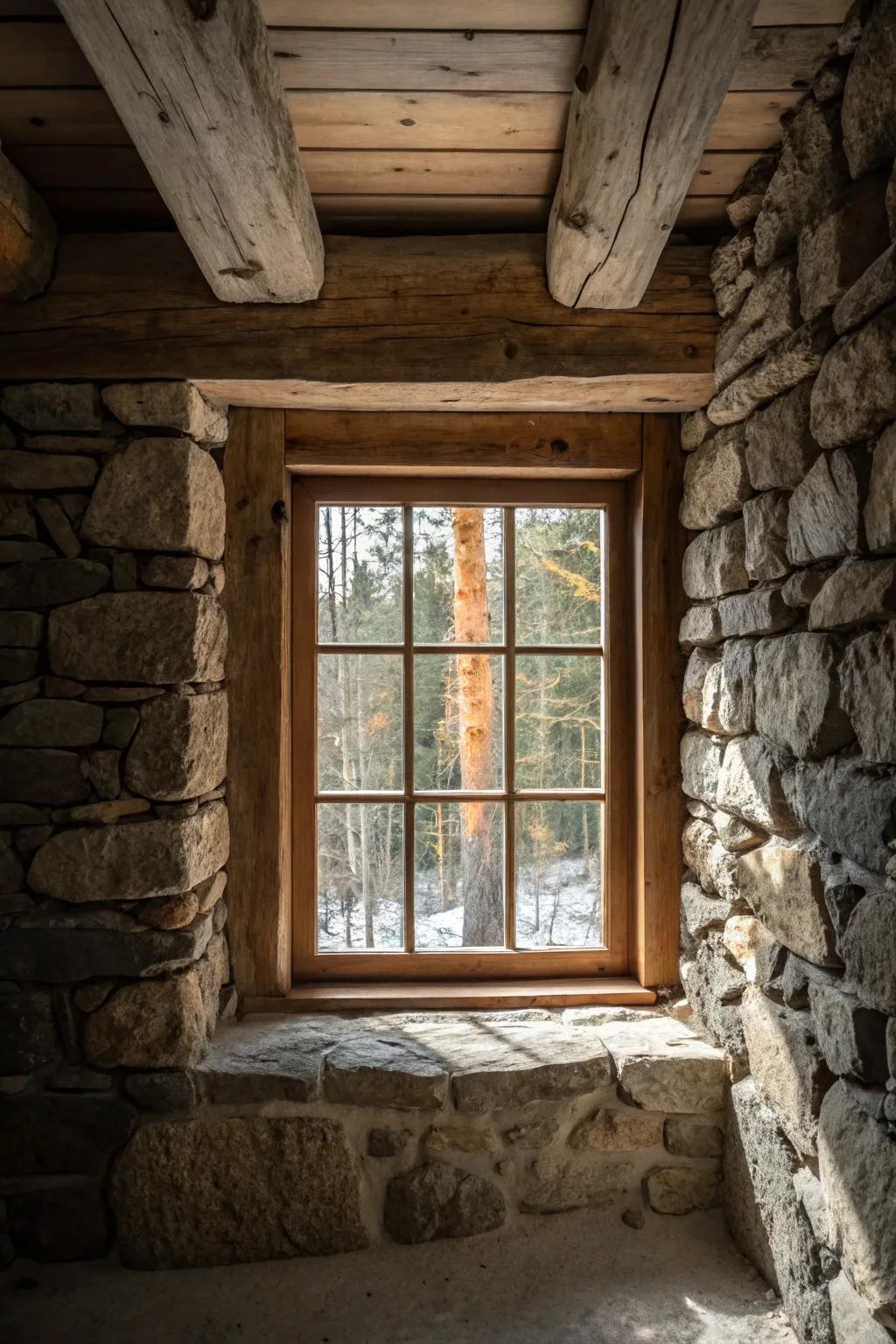 Wood and stone textures add depth and warmth surrounding windows.