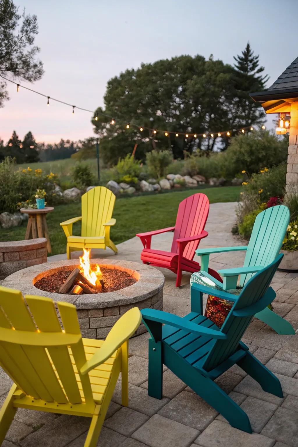 Colorful patio chairs bring energy and brightness to any fire pit setting.