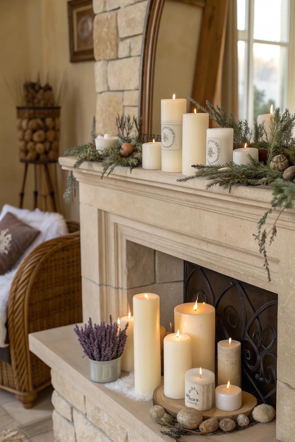 Organic hues usher a sense of calm and equilibrium to your candlelit fireplace.