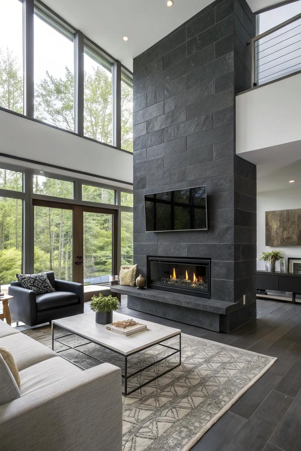 Dark shale tiles add drama and modernity to this sleek fireplace.