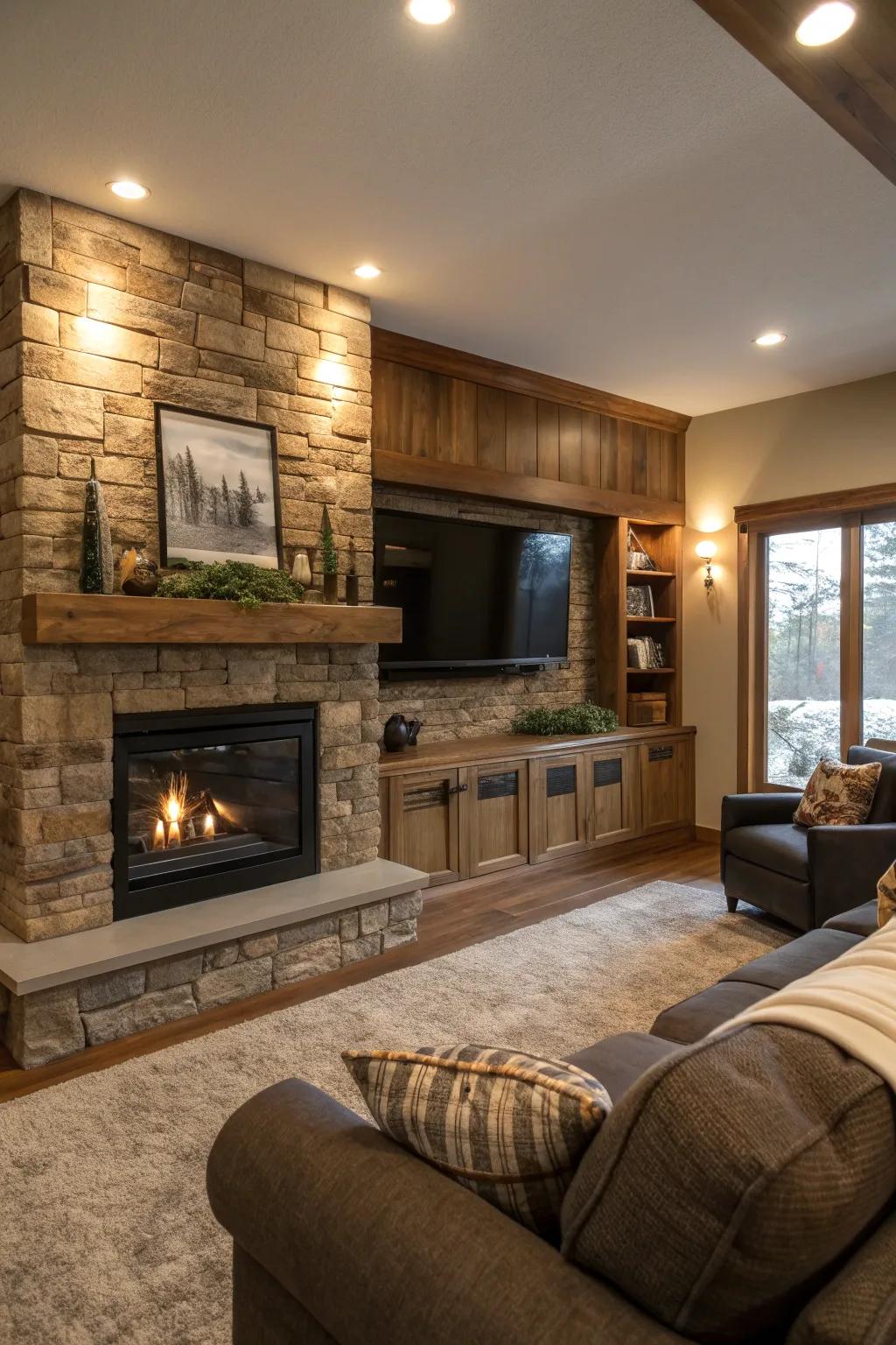 Break from tradition using an unconventional fireplace TV layout guaranteed to impress. #AsymmetricalDesign #UniqueSpaces 🔄