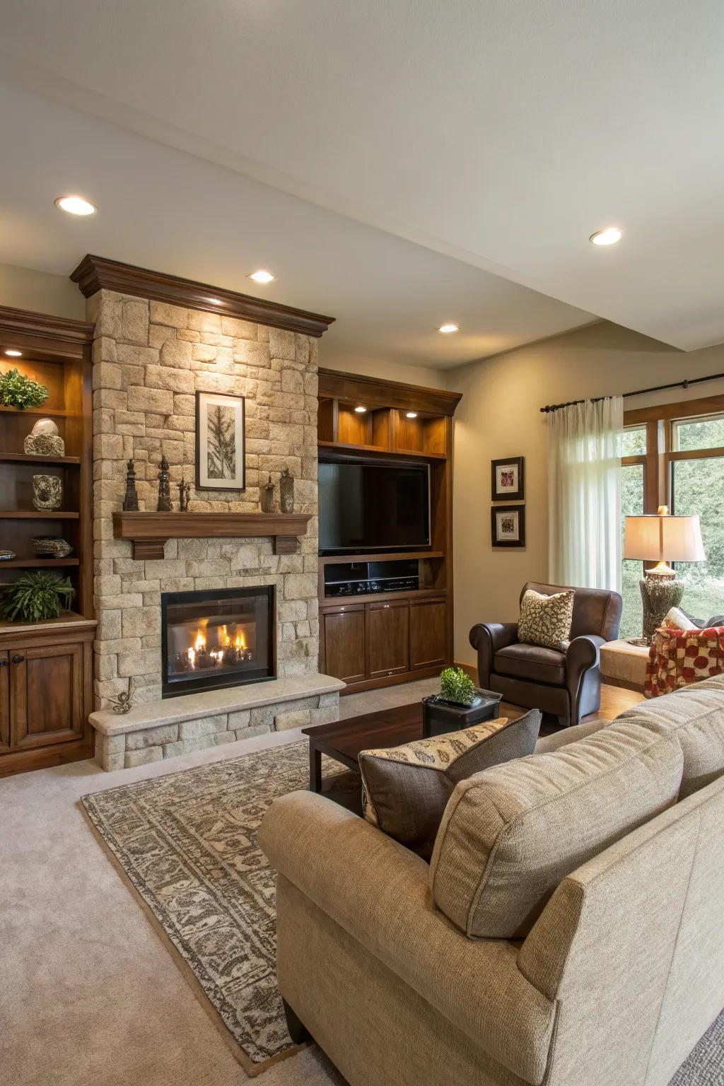 An open and comfortable family room showcasing a fireplace wall and TV.