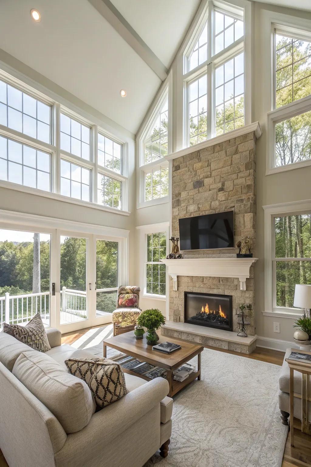 An open-plan living room with a broad layout, fireplace, and TV.