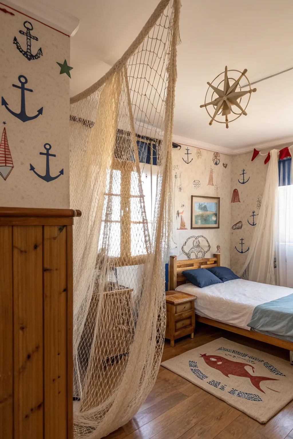 Fishing meshes as window coverings offer a unique texture and nautical vibe.