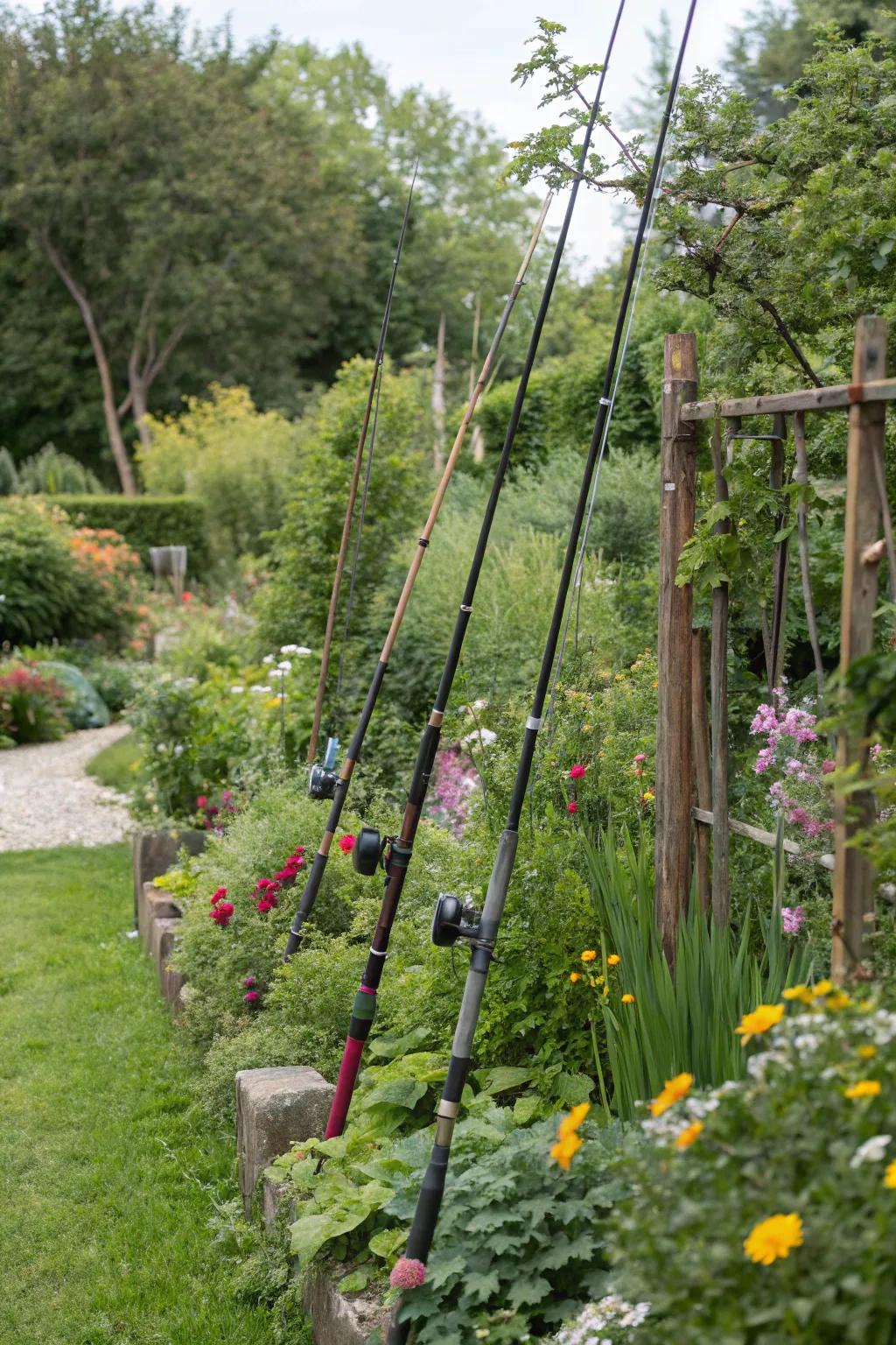 Angling tools add character and provide support in outdoor spaces.