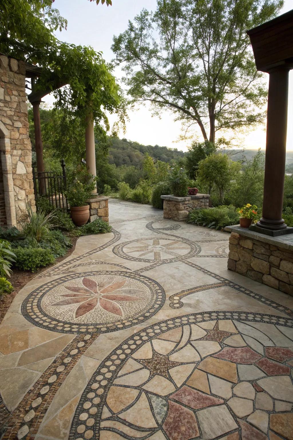 A flagstone patio showcasing a captivating stone pattern.