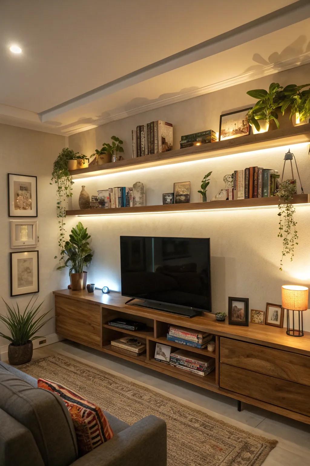 Accent lighting for shelf decor.