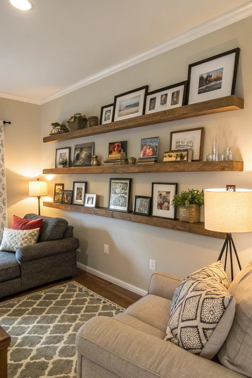 A gallery wall with wall-mounted ledges introduces depth and character.