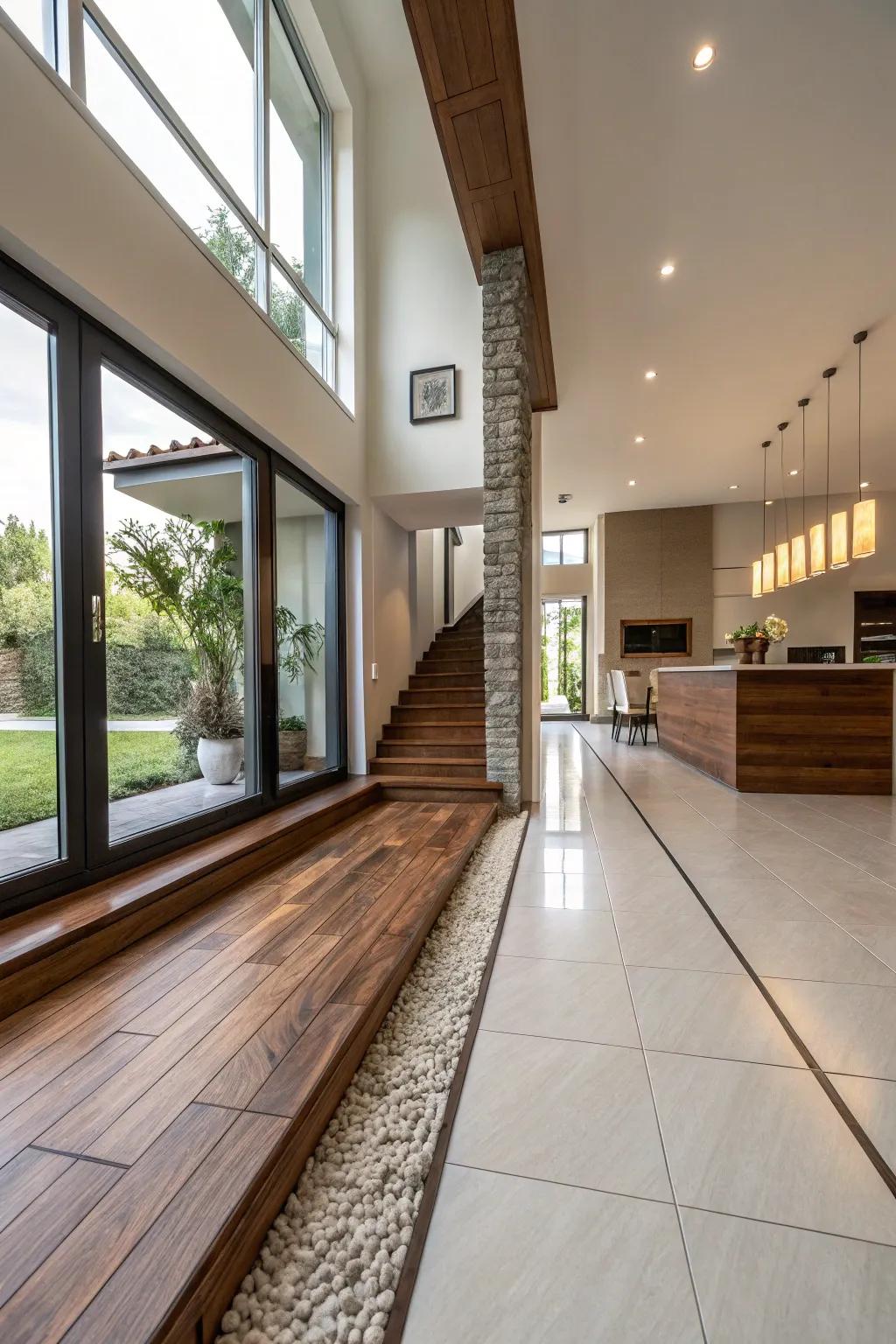 Stepped connection imparting delicate depth to the area.