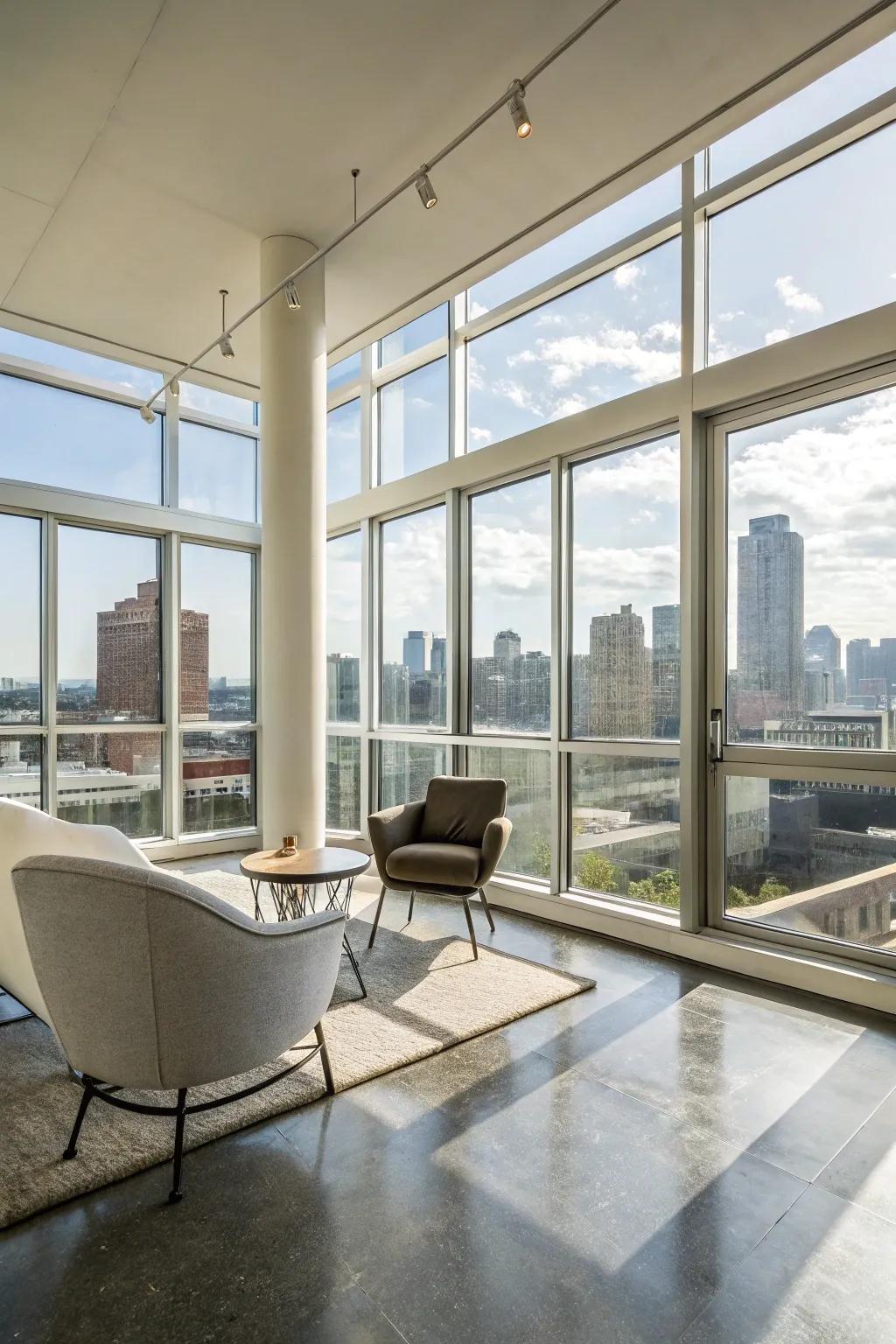 Concrete flooring introduces a modern urban flair to this stylish area.