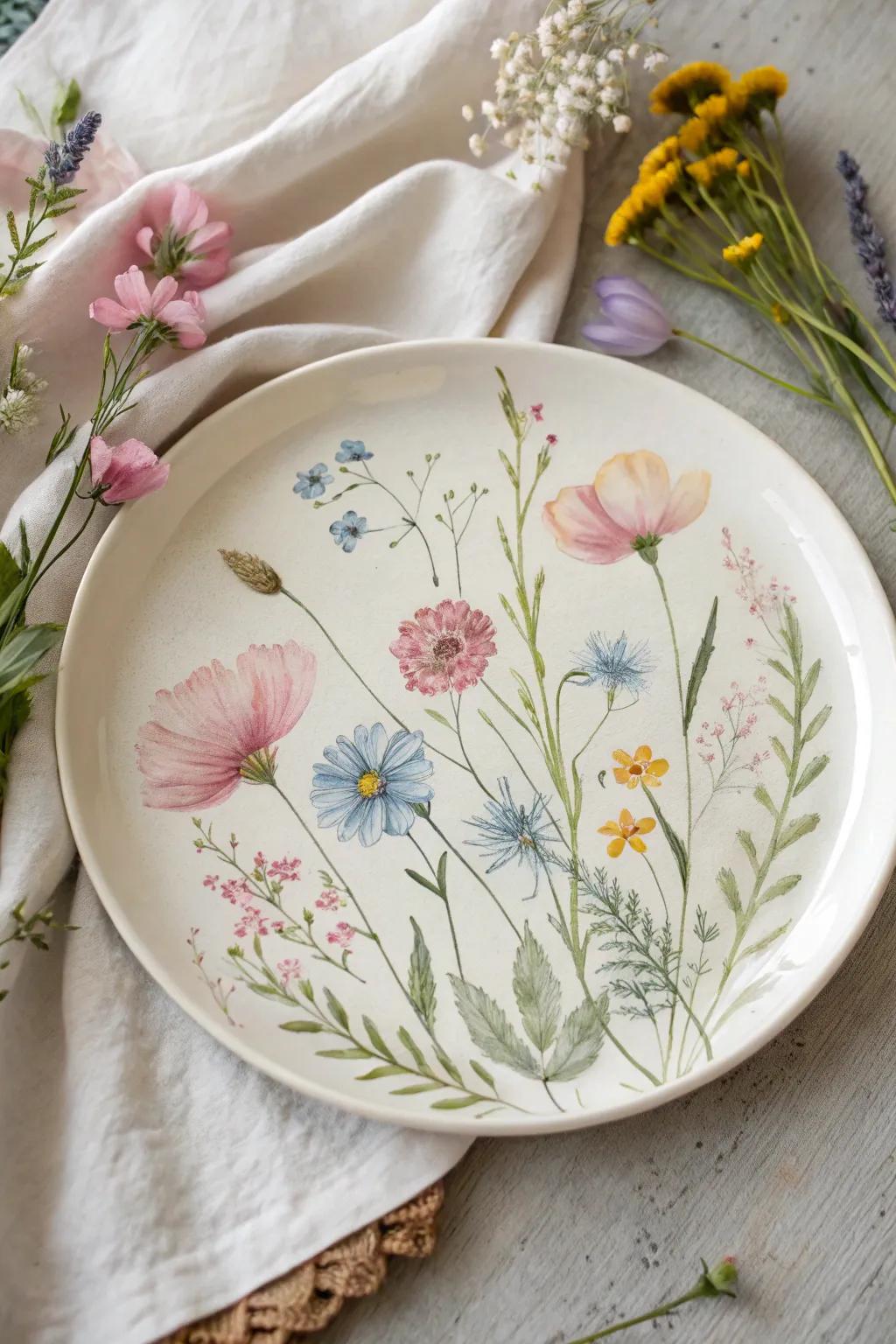 Watercolor wildflowers lend a soft, artistic touch to your plates.