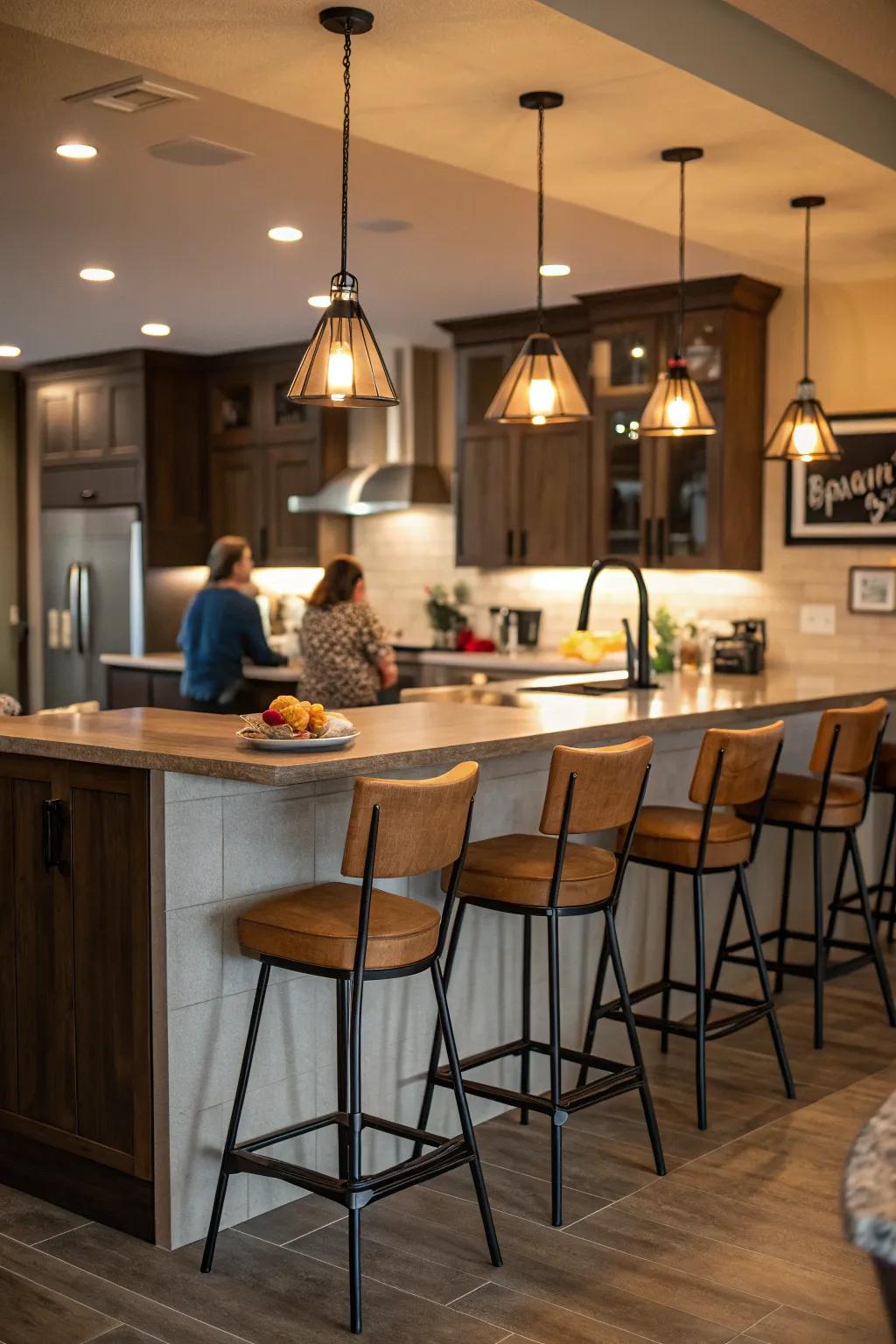 Counter seating at the kitchen island designed for informal dining and communal experiences.