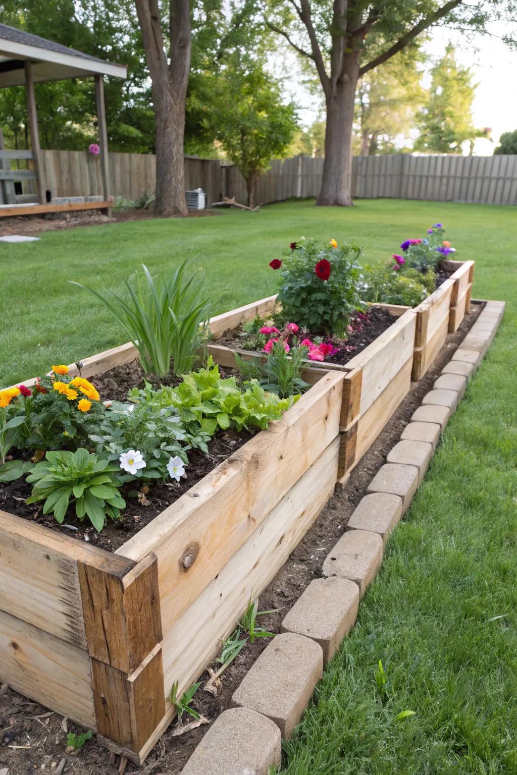 Repurposed pallet wood fashioning charming and eco-conscious flower bed borders.