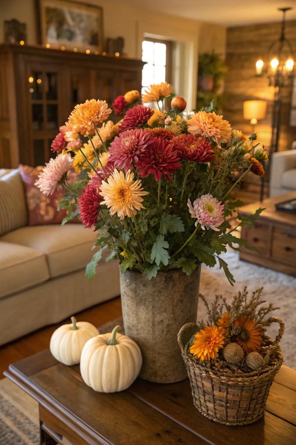 A seasonal bouquet with chrysanthemums bringing autumn vibes indoors.